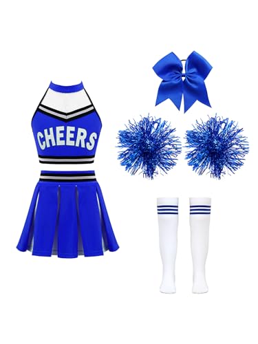 Oyolan Kinder Mädchen Cheerleadering Kostüm Cheer Uniform Crop Top + Minirock Socken + Kopfschmuck + Pompom Tanzbekleidung B Blau 110-116 von Oyolan