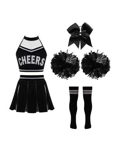Oyolan Kinder Mädchen Cheerleadering Kostüm Cheer Uniform Crop Top + Minirock Socken + Kopfschmuck + Pompom Tanzbekleidung Ein Schwarz-Weiß 158-164 von Oyolan