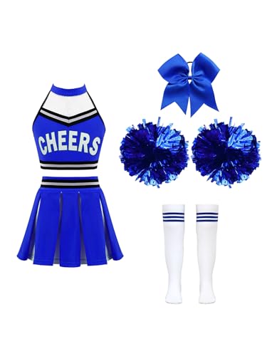 Oyolan Kinder Mädchen Cheerleadering Kostüm Cheer Uniform Crop Top + Minirock Socken + Kopfschmuck + Pompom Tanzbekleidung Ein blaues 134-140 von Oyolan