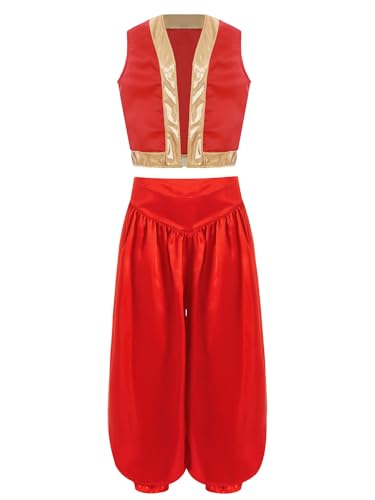 Oyolan Kinderkostüm Arabischer Wüsten Junge Dieb Wunderlampe Kostüm Prinz Kostüm Weste und Hose Set Karneval Fasching Rot 122-128 von Oyolan