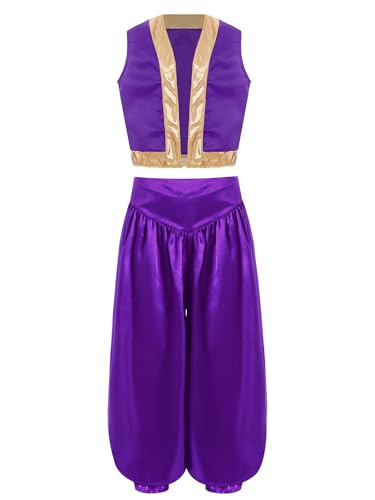 Oyolan Kinderkostüm Arabischer Wüsten Junge Dieb Wunderlampe Kostüm Prinz Kostüm Weste und Hose Set Karneval Fasching Violett 146-152 von Oyolan