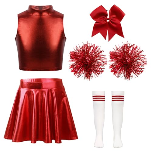 Oyolan Kinderkostüm Cheerleadering Cheer Uniformen mit Pompons Socken und Haarzubehör Tanz Outfit Karneval Kostüm für 7-14 Jahre B Rot 134-140 von Oyolan