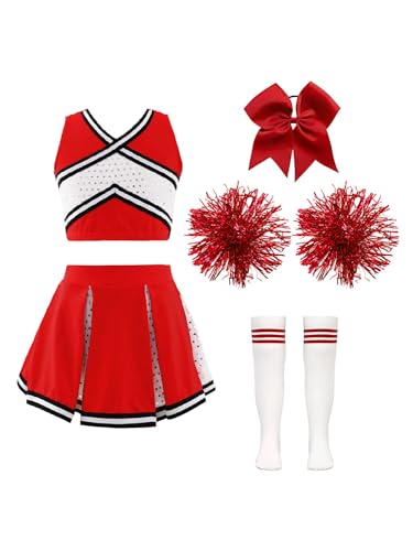 Oyolan Kinderkostüm Cheerleading Uniformen mit Pompons Socken und Haarzubehör Mädchen Cheer Outfit Karneval Kostüm B Rot 146-152 von Oyolan