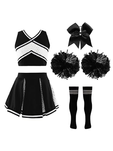 Oyolan Kinderkostüm Cheerleading Uniformen mit Pompons Socken und Haarzubehör Mädchen Cheer Outfit Karneval Kostüm Ein Schwarz-Weiß 134-140 von Oyolan