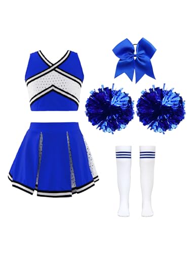 Oyolan Kinderkostüm Cheerleading Uniformen mit Pompons Socken und Haarzubehör Mädchen Cheer Outfit Karneval Kostüm Ein blaues 134-140 von Oyolan