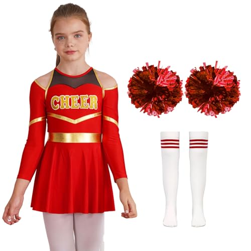 Oyolan Mädchen Cheer Leader Kostüm Cheerleading Tanzkleid Karneval Fasching Party Halloween Kostüm Kleid mit 2 Pompoms und Socken Ein Rot 134-140 von Oyolan
