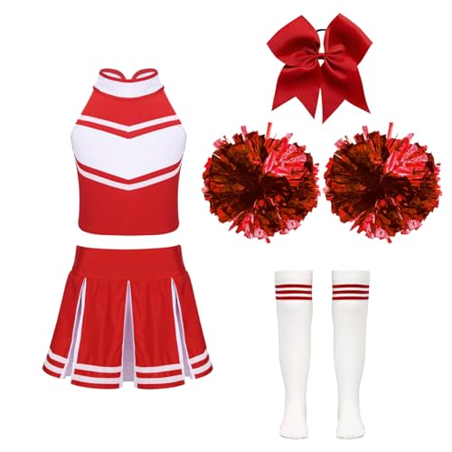 Oyolan Mädchen Cheerleadering Kostüm Schulkind Cheer Uniformen mit Pompons Socken und Haarzubehör Karneval Outfit Ein Rot 110-116 von Oyolan