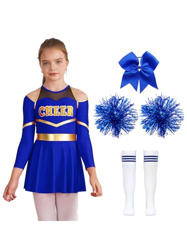 Oyolan Mädchen Cheerleading Kleid Karneval Fasching Party Halloween Kostüm Kleid + Kopfbedeckung + 2 Pompoms + Socken B Blau 122-128 von Oyolan