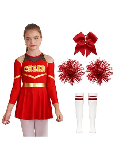 Oyolan Mädchen Cheerleading Kleid Karneval Fasching Party Halloween Kostüm Kleid + Kopfbedeckung + 2 Pompoms + Socken B Rot 134-140 von Oyolan