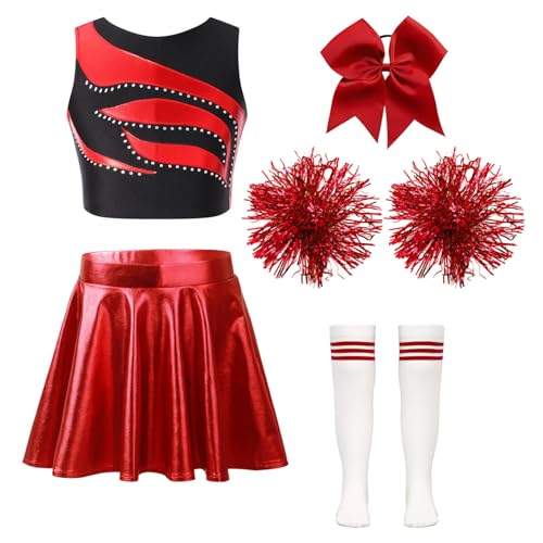 Oyolan Mädchen Cheerleading Kostüm Cheer Outfit Ärmellos Top Rock mit Pompons Socken und Haarzubehör Karneval Fasching Party Kostüm B Rot und Weiß 146-152 von Oyolan