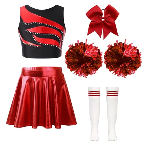 Oyolan Mädchen Cheerleading Kostüm Cheer Outfit Ärmellos Top Rock mit Pompons Socken und Haarzubehör Karneval Fasching Party Kostüm Ein Rot 146-152 von Oyolan