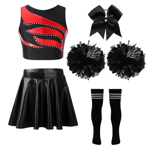 Oyolan Mädchen Cheerleading Kostüm Cheer Outfit Ärmellos Top Rock mit Pompons Socken und Haarzubehör Karneval Fasching Party Kostüm Ein Rot-Schwarz 146-152 von Oyolan