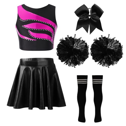 Oyolan Mädchen Cheerleading Kostüm Cheer Outfit Ärmellos Top Rock mit Pompons Socken und Haarzubehör Karneval Fasching Party Kostüm Ein heißes Pink und Schwarz 146-152 von Oyolan