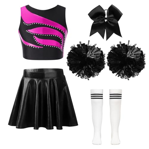 Oyolan Mädchen Cheerleading Kostüm Cheer Outfit Ärmellos Top Rock mit Pompons Socken und Haarzubehör Karneval Fasching Party Kostüm Ein heißes Pink und Weiß 146-152 von Oyolan