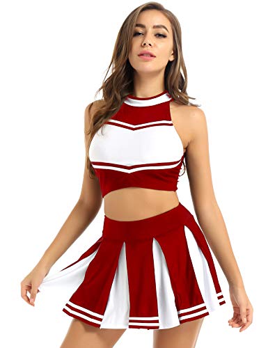 Oyolan Mädchen Damen Cheerleading Kostüm Uniform Set Ärmellos Bauchfrei Crop Top mit Minirock Faltenrock Karneval Fasching Halloween Kostüm Rot L von Oyolan