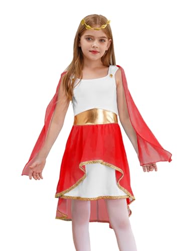 Oyolan Mädchen Griechisch Göttin Kostüm Prinzessin Kleid Ärmelloses Asymmetrisches Kleid mit Stirnband Halloween Fasching Kostüm Rot 158-164 von Oyolan