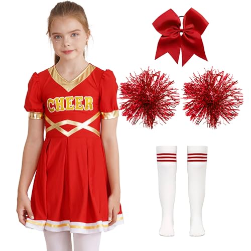 Oyolan Mädchen Halloween Kostüm Cheerleading Uniform Karneval Fasching Party Kleid mit 2 Pompoms Kopfbedeckung und Socken B Rot 122-128 von Oyolan