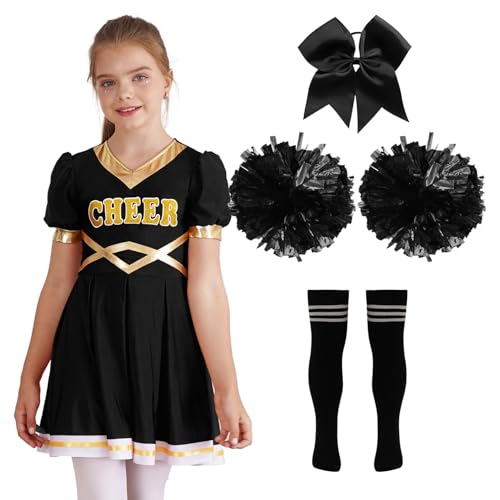 Oyolan Mädchen Halloween Kostüm Cheerleading Uniform Karneval Fasching Party Kleid mit 2 Pompoms Kopfbedeckung und Socken Ein Schwarzer 158-164 von Oyolan