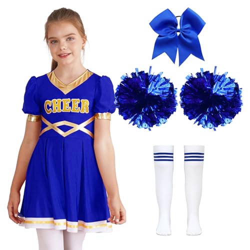 Oyolan Mädchen Halloween Kostüm Cheerleading Uniform Karneval Fasching Party Kleid mit 2 Pompoms Kopfbedeckung und Socken Ein blaues 134-140 von Oyolan