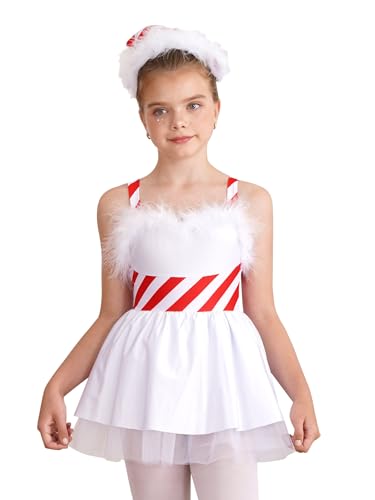 Oyolan Mädchen Nikolaus Kleid Weihnachtskostüm Kinder Mädchen Weihnachtskleid Gestreift Tüll Kleider mit Hut Weihnachts Elfen Kostüm Rot 134-140 von Oyolan