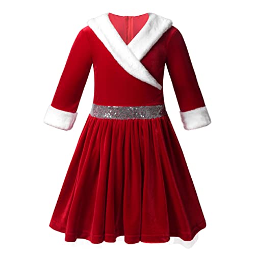 Oyolan Mädchen Weihnachten Kostüm Langarm Kleid mit Kapuze Party Festlich Weihnachtskleid Rot Samtkleid Gr.98-164 Rot C 104 von Oyolan