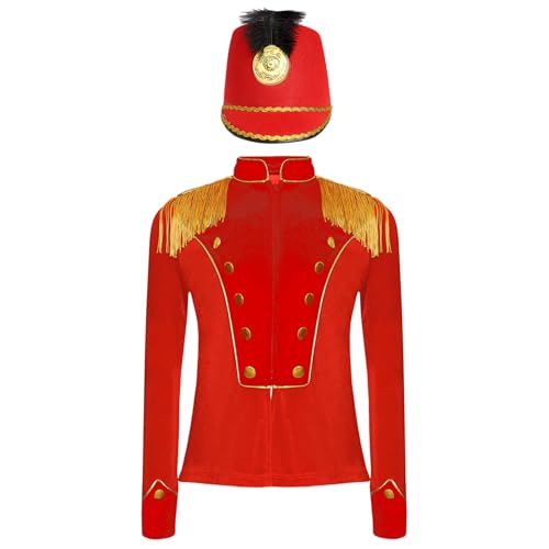 Oyolan Mädchen Zirkus Kostüm Langarm Jacke Mantel Uniform Blazer mit Hut Halloween Karneval Fasching Cosplay Verkleidung Rot 170 von Oyolan