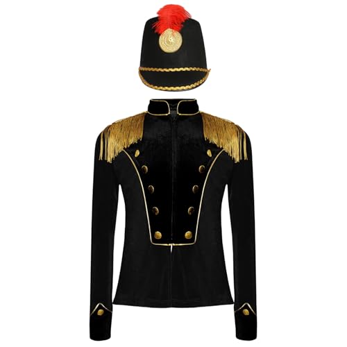Oyolan Mädchen Zirkus Kostüm Langarm Jacke Mantel Uniform Blazer mit Hut Halloween Karneval Fasching Cosplay Verkleidung Schwarz 158-164 von Oyolan