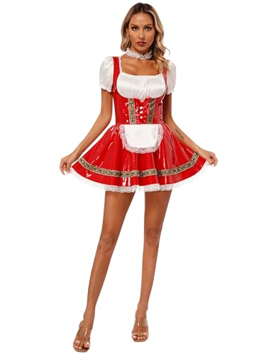 Oyolan Maid Lingerie Damen Dienstmädchen Kleid Kurzen Puffärmeln French Maid Outfit mit Spitzenstirnband Cosplay Kostüm Rot A 4XL von Oyolan
