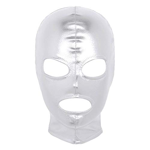 Oyolan Unisex Latex Kopfmaske Gesichtmaske Glänzend Metallic Sklave Maske mit Mundöffnung/Augenöffnung Sexspielzeug Erotische Cosplay Kostüm Silber One Size von Oyolan