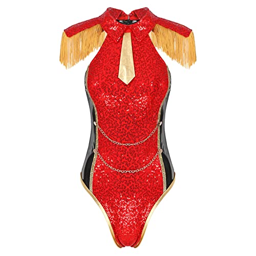 Oyolan Zirkus Kostüm Damen Body mit Quasten Ringmaster Kostüm Ärmellose Bodysuit Hut Krawatte und Handschuhen Cosplay Outfit Rot L von Oyolan