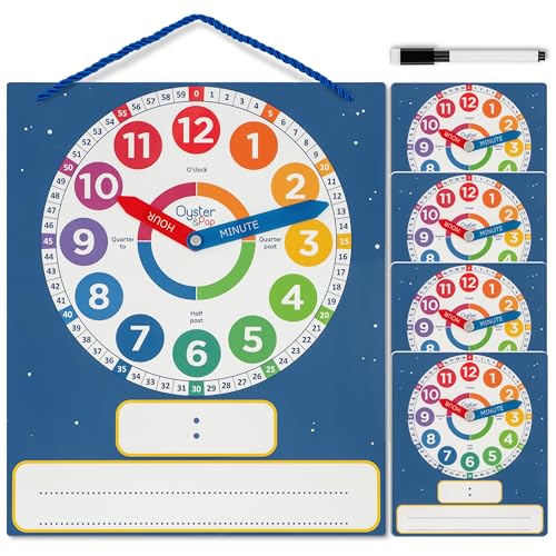 Trocken abwischbare Lernuhr, magnetisch, große Lehruhr und 4 Kinderuhren mit trocken abwischbarem Marker, analoge Übungsuhren für Zuhause und Klassenzimmer, 5 Stück von Oyster&Pop