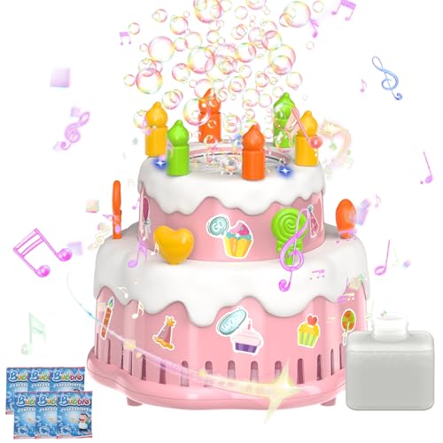 Panacare Geburtstagskuchen Seifenblasenmaschine, Seifenblasenspielzeug für Kinder 10000+ Blasen/Minute mit Seifenblasenlösung/Musik, Kinder Geschenk für Geburtstag/Party/Hochzeit (Pink) von P PANACARE