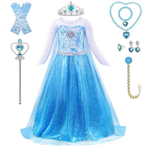 PABTID Elsa Mädchen Prinzessin Kostüm - Eiskönigin Elsa Kinder Kleid mit Krone Diadem Handschuhe Zauberstab Halsketten Set für Karneval Verkleidung Halloween Weihnachten Cosplay Party (130) von PABTID