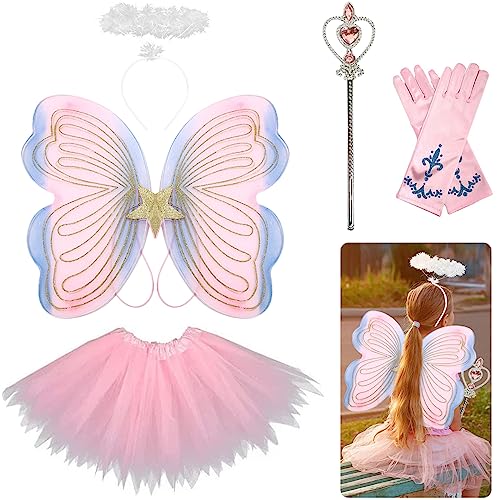 PABTID Feen Schmetterling Kostüm Kinder Mädchen: Feenflügel, Tutu, Heiligenschein-Stirnband, Handschuhe, Zauberstab, Karneval Party Prinzessin Fee Kostüm Zubehör für Mädchen Engelsflügel von PABTID