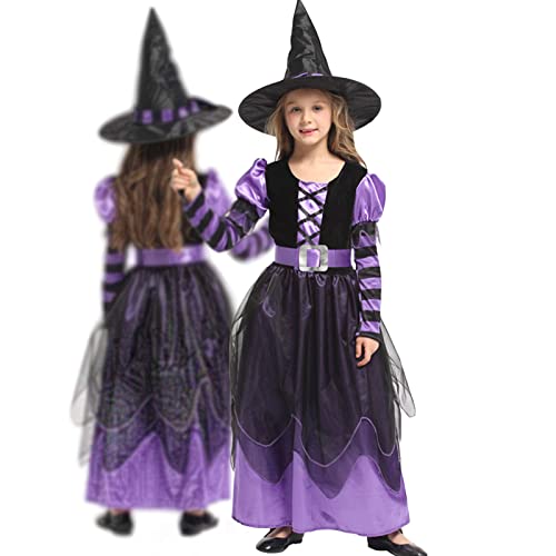 PABTID Mädchen Hexe Kostüm mit Hut Kinder Langarm Hexen Kleid Witch Verkleidung Karneval Cosplay Halloween Fasching Party Outfits Lila (L) von PABTID