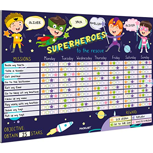 PACKLIST® Reward Chart for Superhero Children. Kids Reward Chart, Learning Positively - Educational Weekly Calendar for Missions: Superheroes to The Rescue of Stars von PACKLIST