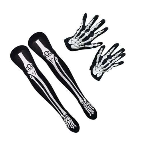 PACKOVE 2 Paare Halloween Teiliges Set Damen Cosplay Handschuhe und Lange Strümpfe mit Knochenmuster Elastisch Rutschfest für Kostümparty und Bühnenauftritt von PACKOVE