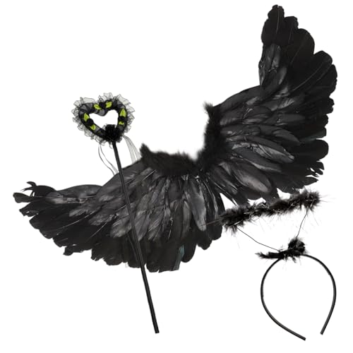 PACKOVE Engelsflügel Kostüm mit Stirnband und Zauberstab Leichtes Federn Flügel Prop für Mädchen Wiederverwendbares Party Cosplay Zubehör Klassisches Schwarz für Fotos und Verkleidungen von PACKOVE