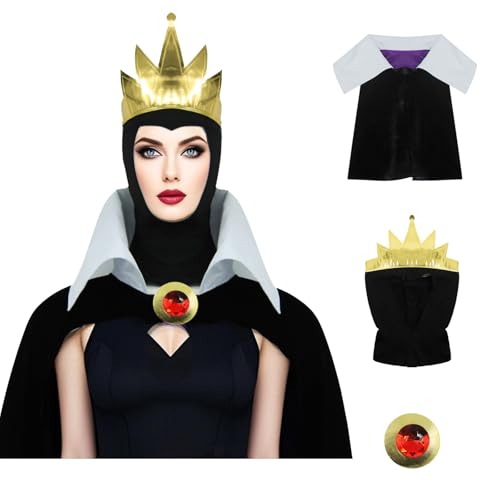PAINEOMN Böse Königin Kostüm für Damen, schwarze Kapuze mit Kronenkragen, kurzes Colak-Set für Erwachsene, Halloween, Cosplay, Umhang PAINEOMN Böse Königin Kostüm für Damen, schwarze Kapuze mit Kronenkragen, kurzes Colak-Set für Erwachsene, Halloween, Cosplay, Umhang von PAINEOMN