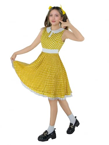 PAINEOMN Gabby Kostüm für Damen, Spielzeugpuppe, Geschichte, Cosplay, gepunktet, gelbes Kleid, Schleife, Haarspange, Socken, Set, Halloween, Erwachsenen-Outfit, L von PAINEOMN