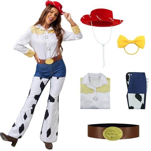 PAINEOMN Jessie Kostüm für Damen, Spielzeug, Cowgirl-Geschichte, Cosplay, Jessie, Hut, Hemd, Jeans, Gürtel, Schleife, Set, Kuh-Druck, Hose, Halloween-Outfits, Weiss/opulenter Garten, Small PAINEOMN Jessie Kostüm für Damen, Spielzeug, Cowgirl-Geschichte, Cosplay, Jessie, Hut, Hemd, Jeans, Gürtel, Schleife, Set, Kuh-Druck, Hose, Halloween-Outfits, Weiss/opulenter Garten, Small von PAINEOMN