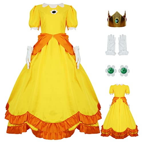 PAINEOMN Prinzessin Kleid für Frauen Halloween Prinzessin Cosplay Kostüm Krone Ohrringe Handschuhe Set Erwachsene Verkleidung Anzug, Prinzessin Daisy, 3XL von PAINEOMN