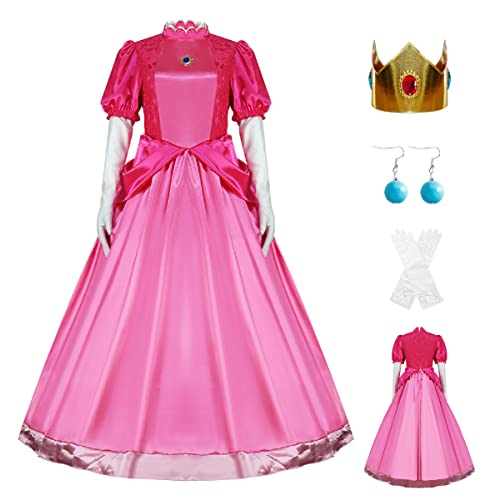 PAINEOMN Prinzessin Kleid für Frauen Halloween Prinzessin Cosplay Kostüm Krone Ohrringe Handschuhe Set Erwachsene Verkleidung Anzug, Prinzessin Pfirsich, M von PAINEOMN