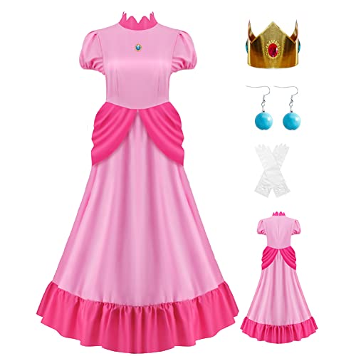 PAINEOMN Prinzessin Kleid für Frauen Halloween Prinzessin Cosplay Kostüm Krone Ohrringe Handschuhe Set Erwachsene Verkleidung Anzug, Prinzessin Pfirsich 2, S von PAINEOMN