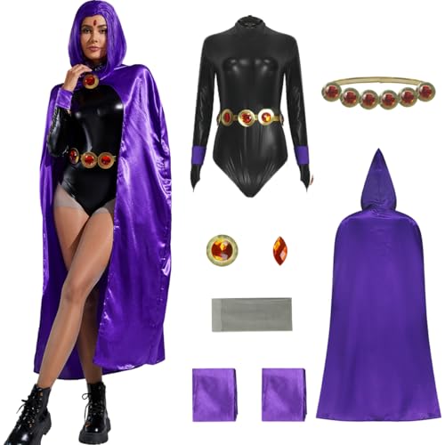 PAINEOMN Rabenkostüm für Damen, Halloween, Cosplay, schwarzer Overall mit violettem Kapuzenumhang, Bodysuit für Kostüm-Outfits, Violett, X-Small PAINEOMN Rabenkostüm für Damen, Halloween, Cosplay, schwarzer Overall mit violettem Kapuzenumhang, Bodysuit für Kostüm-Outfits, Violett, X-Small von PAINEOMN
