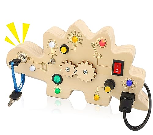 Montessori Busy Board Baby Spielzeug - Activity Board ab 1 Jahr Dinosaurier Holzspielzeug mit 7 LED Lichtschalterspielzeug Sensorisches Kinderspielzeug ab 1 2 3 4 Jahre von PAISHENKEJI