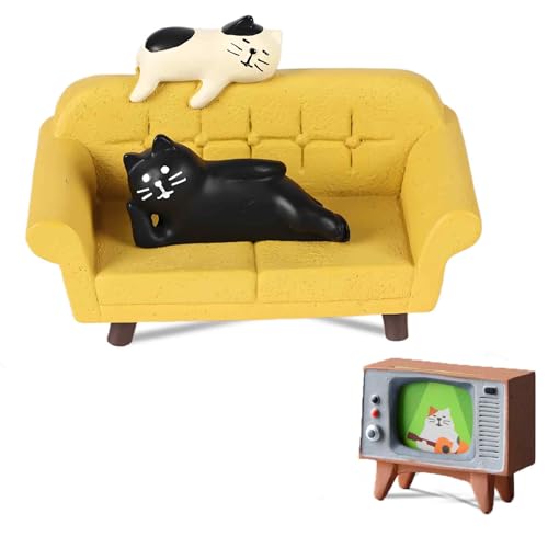 PAJH Katzenfiguren Miniaturen Mini Katzenfiguren Büro Schreibtisch Zubehör Geschenke für Katzenliebhaber Gelbes Sofa von PAJH