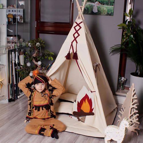 PaLulli Tipi Spielzelt für Kinder mit Matte & Anti-Kollaps-System & 4 Dekokissen Baumwolle- Segeltuch Kinderzelt (Indians) von PaLulli