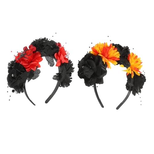 PAMINGONO 2 Stück Teiliges Damen Haarband mit Stoffblumen in Orange und Dunkelrot Weiches Halloween Stirnband mit Rosenmuster Atmungsaktives und Bequemes Party Haaraccessoire für Kostüme und von PAMINGONO