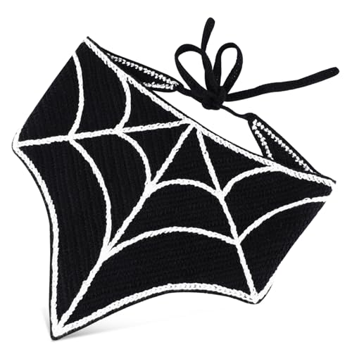 PAMINGONO Halloween Häkel Bandana mit Schwarzem Spinnennetzmuster Verstellbares Dreieckstuch als Damen Haarband Atmungsaktives Weiches Kopftuch für Alltag und Kostüm Vielseitig Tragbar von PAMINGONO